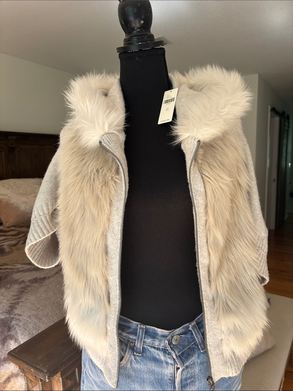Anthropologie Faux-Fur Trim Hooded Knit Jacket in Beige
